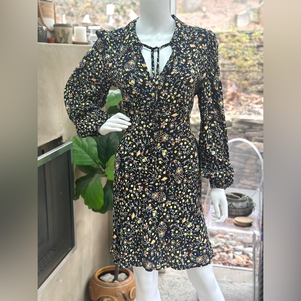 Boden Floral Print Tie Neck Shirt Dress Floral Print Long Sleeve Black Size 10 R